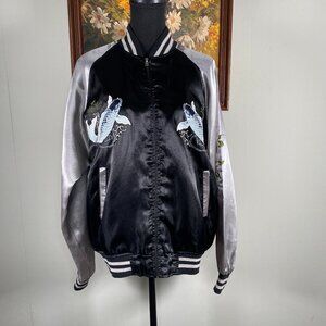 Vintage Japanese Traditional Varsity Jacket Women's Large Black Silver VTG